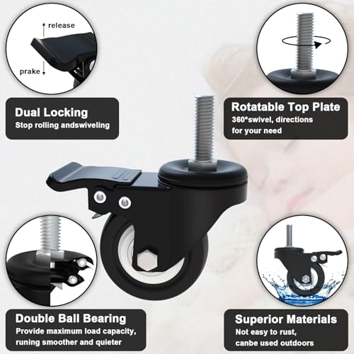 AAGUT 4 Pack 2" Swivel Stem Casters with Brake Lock M8x25mm Stem Caster Heavy Duty PU Rubber Castors, Nuts Included - Image 3