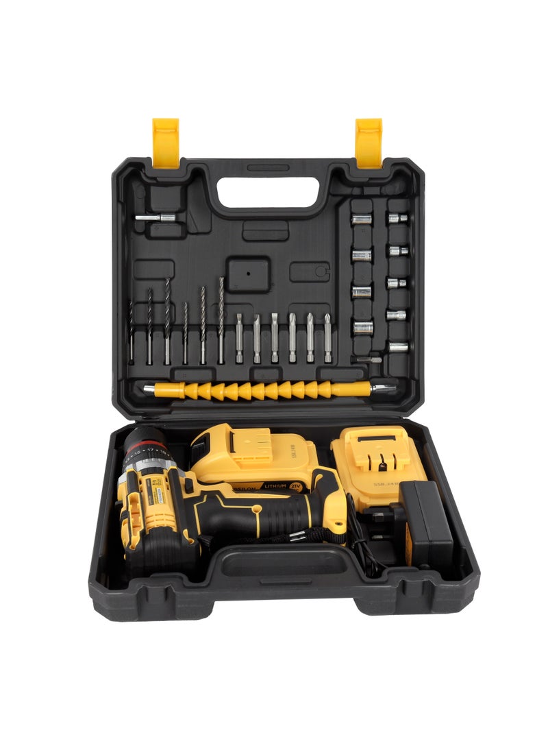 Epsilon Epsilon 21V Cordless Impact with Hammer Drill- EPSCD1653/ Dual-Speed Motor, 0-700 RPM / 0-1800 RPM, Perfect for Home and Business/ Comfortable Grip, Ergonomic Design, Includes 24 Accessories/ Black and Yellow  - Image 2