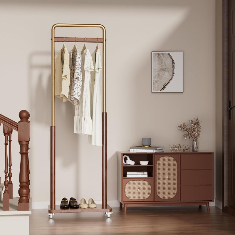 Taitiy Clothes Rack Solid Wood Coat Rack, Metal and Solid Wood Combination Clothing Rack with Wheels for Entryway, Bedroom, Living Room, Coat Racks Freestanding for Hanging Clothes Garment Scarf - Image 4
