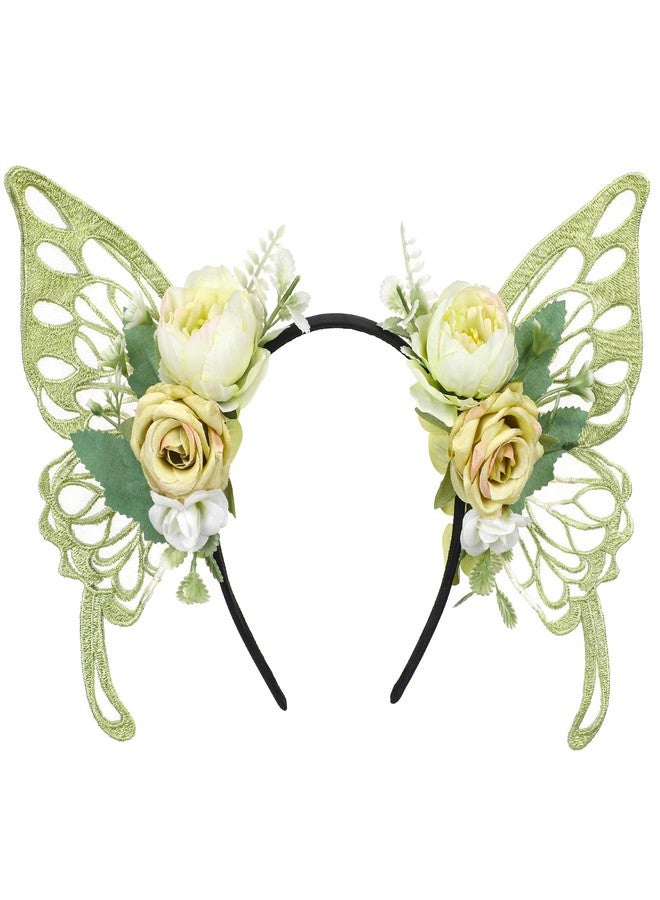 MOSTORY Green Flower Fairy Crown - Butterfly Wings Headband Floral Hairband Woodland Headpiece Fairy Costume for Women Princess Renaissance Ren Faire Elf Cosplay Halloween - Image 2