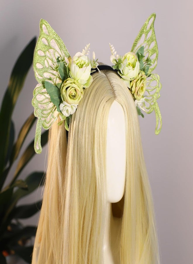 MOSTORY Green Flower Fairy Crown - Butterfly Wings Headband Floral Hairband Woodland Headpiece Fairy Costume for Women Princess Renaissance Ren Faire Elf Cosplay Halloween - Image 4