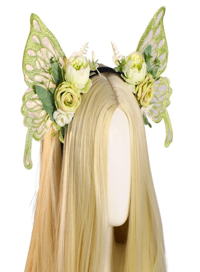 MOSTORY Green Flower Fairy Crown - Butterfly Wings Headband Floral Hairband Woodland Headpiece Fairy Costume for Women Princess Renaissance Ren Faire Elf Cosplay Halloween - Image 1
