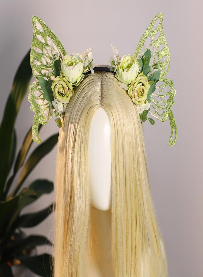 MOSTORY Green Flower Fairy Crown - Butterfly Wings Headband Floral Hairband Woodland Headpiece Fairy Costume for Women Princess Renaissance Ren Faire Elf Cosplay Halloween - Image 3