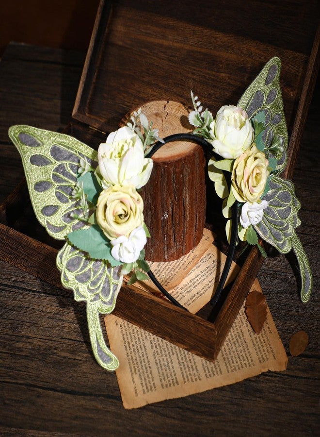MOSTORY Green Flower Fairy Crown - Butterfly Wings Headband Floral Hairband Woodland Headpiece Fairy Costume for Women Princess Renaissance Ren Faire Elf Cosplay Halloween - Image 5
