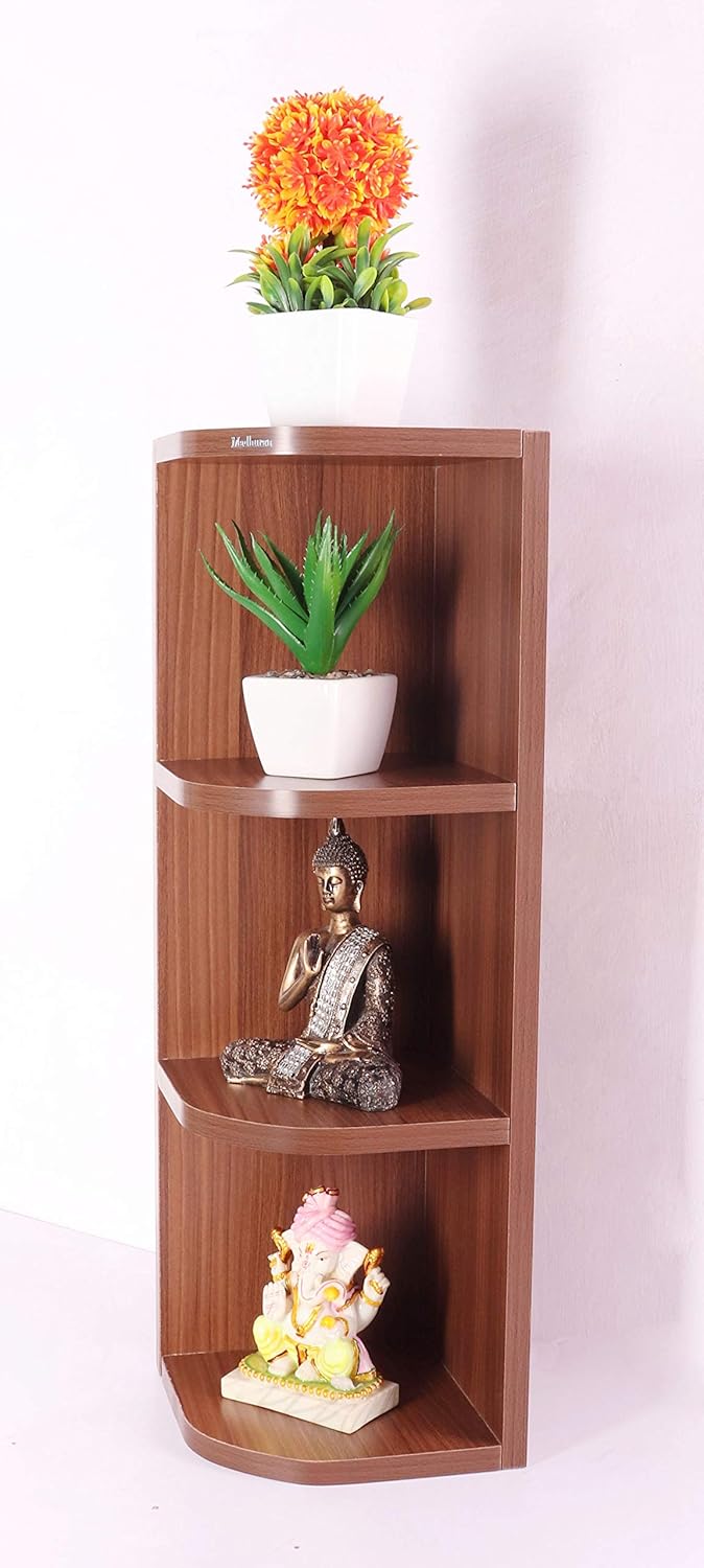 Madhuran Engineered Wooden Wall Mounted Corner Shelf Unit Tier 4 Teak Living Room Bathroom Kitchen Bedroom - Image 4