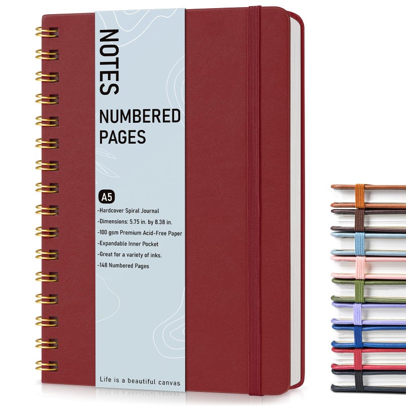 PAPEJOON Lined Spiral Journal Notebook, A5 Hardcover Spiral Journals for Women Men, 150 Numbered Pages Spiral Bound Notebook, 100 GSM College Ruled Notebooks for Writing Note Taking 5.75" x 8.38", Wine Red - Image 1
