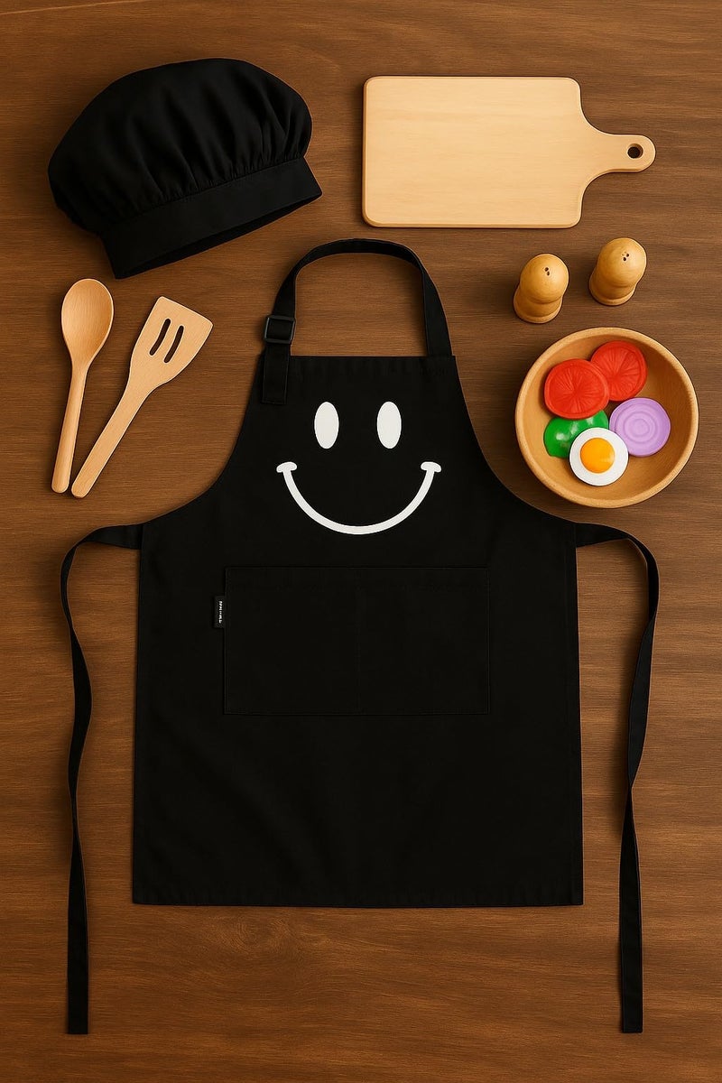 Switchon Polyester Waterproof Adjustable Kids Multi purpose Cooking Apron with a chef cap School Apron - for 3 years to 6.5 years Proudly made in india (BLACK) - Image 5