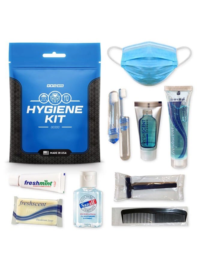 Go2Kits Ultimate Travel Toiletry Kit & PPE Kit, Hygiene Kit with Shaving Supplies & PPE for Travel, Business & Charity with Reusable Toothbrush, Bath Soap & Other Essential Toiletries, 1-Pack - Image 1