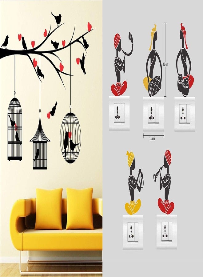 Walltech Combo Pack of Wall Stickers Love Birds with Hearts (Covering Area 125 x 85 cms) with Folk Band (Set of -5) Switch Board Sticker - Image 1