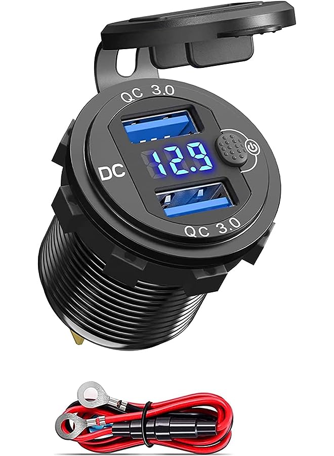 PROMASS Car Charger USB Outlet, Dual Quick Charge 3.0 12V Socket USB Charger with LED Voltmeter and Power Switch, Waterproof Aluminum Car Charger Adapter for RV Marine Motorcycle Truck Golf Cart RV, etc - Image 1