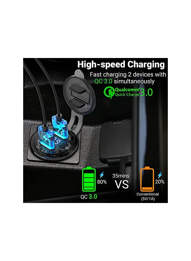 PROMASS Car Charger USB Outlet, Dual Quick Charge 3.0 12V Socket USB Charger with LED Voltmeter and Power Switch, Waterproof Aluminum Car Charger Adapter for RV Marine Motorcycle Truck Golf Cart RV, etc - Image 3