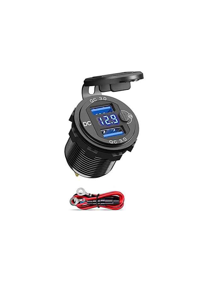 PROMASS Car Charger USB Outlet, Dual Quick Charge 3.0 12V Socket USB Charger with LED Voltmeter and Power Switch, Waterproof Aluminum Car Charger Adapter for RV Marine Motorcycle Truck Golf Cart RV, etc - Image 2