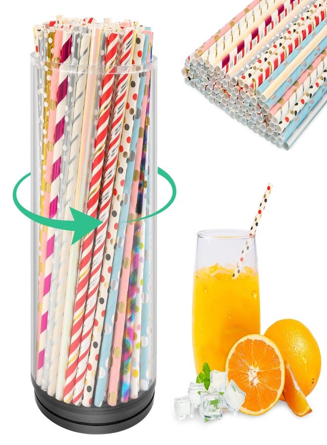 Ahier Straw Holder for Counter with 100 Colored Straws, AHIER Acrylic Transparent Straw Dispenser with Rotatable Base Container for Kitchen Counter Decor - Image 1