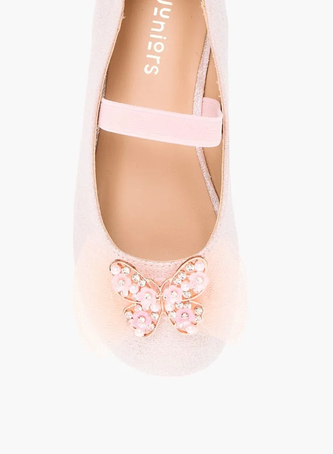 JUNIORS Girls Embellished Butterfly Applique Ballerina Shoes With Elasticated Strap