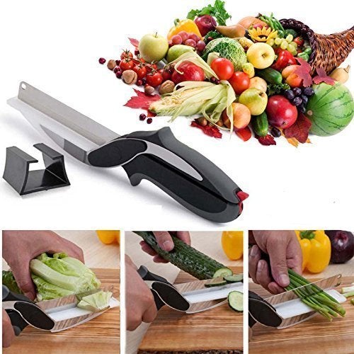 SEASPIRIT 2in1 1810 Steel Smart Clever Cutter Kitchen Knife Food Chopper and in Built Mini Chopping Board with Locking Hinge with Spring Action Stainless Steel Blade Black - Image 5