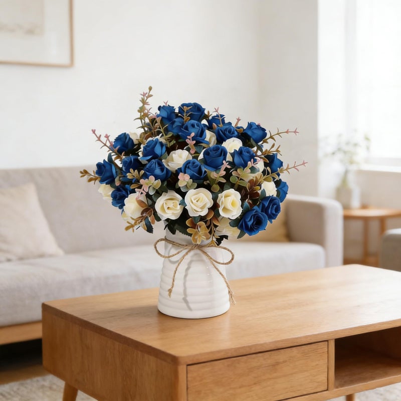 MOOMASS Lifelike Artificial Rose Bouquets and Ceramic vases, Fake Silk Roses, Suitable for Wedding, Dining Table, Office, Party and Home Decorationï¼ˆBlueï¼‰ - Image 5