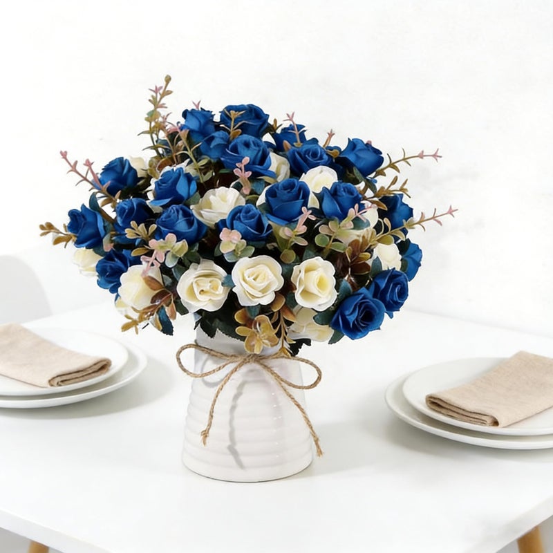 MOOMASS Lifelike Artificial Rose Bouquets and Ceramic vases, Fake Silk Roses, Suitable for Wedding, Dining Table, Office, Party and Home Decorationï¼ˆBlueï¼‰ - Image 2