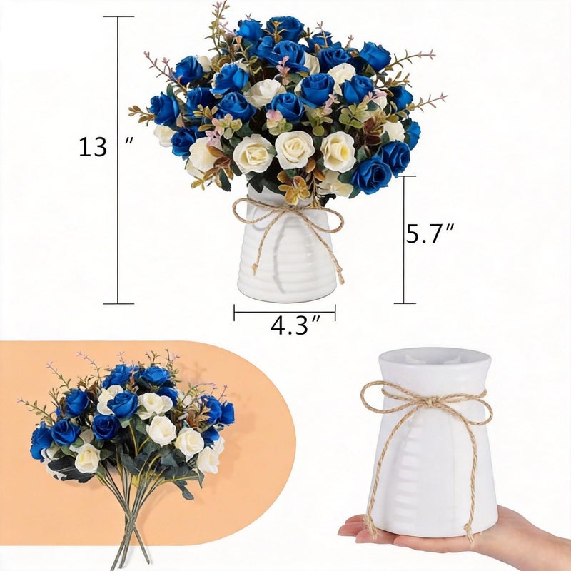 MOOMASS Lifelike Artificial Rose Bouquets and Ceramic vases, Fake Silk Roses, Suitable for Wedding, Dining Table, Office, Party and Home Decorationï¼ˆBlueï¼‰ - Image 3