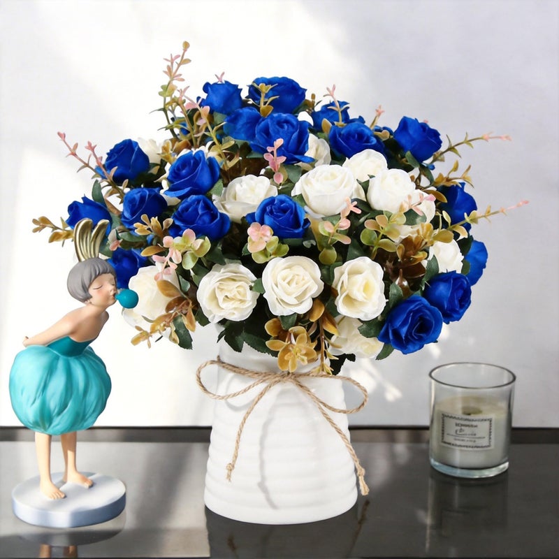 MOOMASS Lifelike Artificial Rose Bouquets and Ceramic vases, Fake Silk Roses, Suitable for Wedding, Dining Table, Office, Party and Home Decorationï¼ˆBlueï¼‰ - Image 1