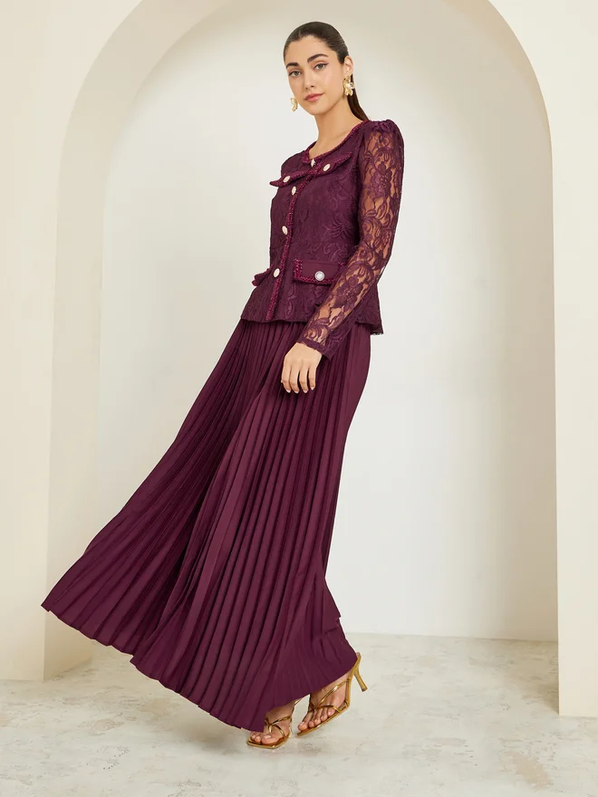 Styli Burgundy Lace Top and Pleated Skirt Co-ords