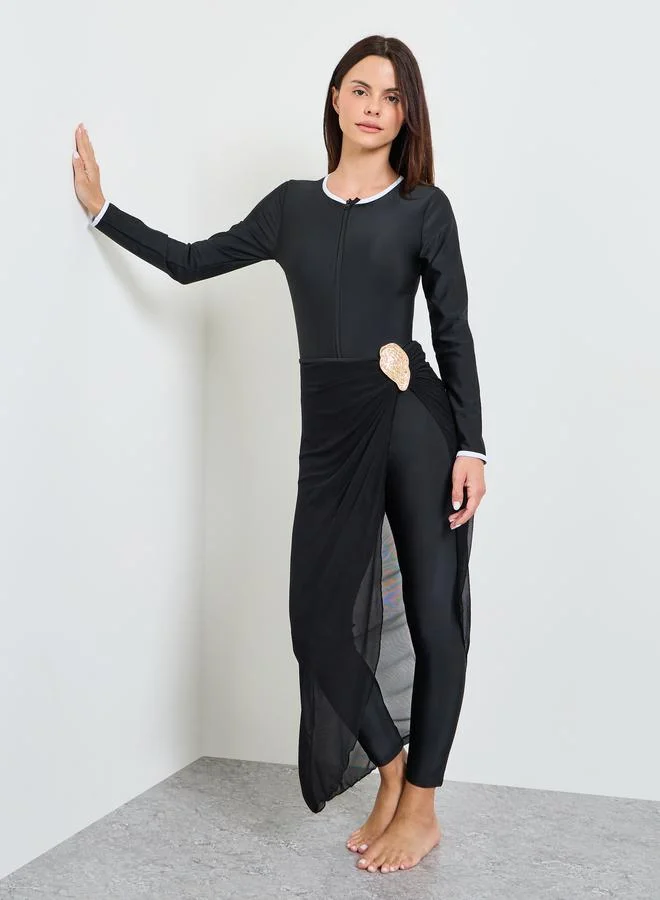 ستايلي Pack of 3 - Contrast Neck Piping Half Zip Swimsuit, Leggings and Tie Sarong Set