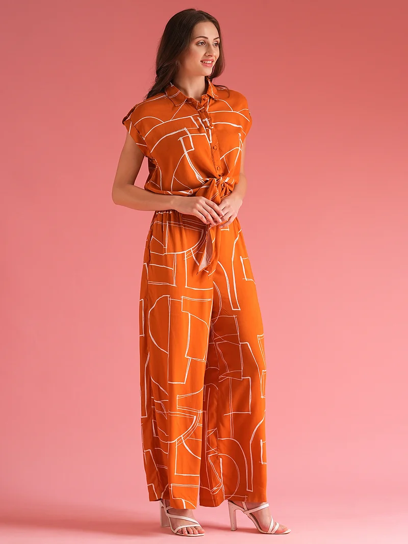 globus Women Shirt Collar Extended Sleeves Abstract Print Cut Out Detail Waist Tie-Up Jumpsuit