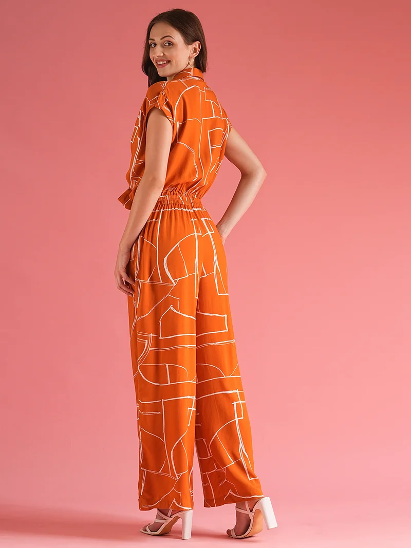 globus Women Shirt Collar Extended Sleeves Abstract Print Cut Out Detail Waist Tie-Up Jumpsuit