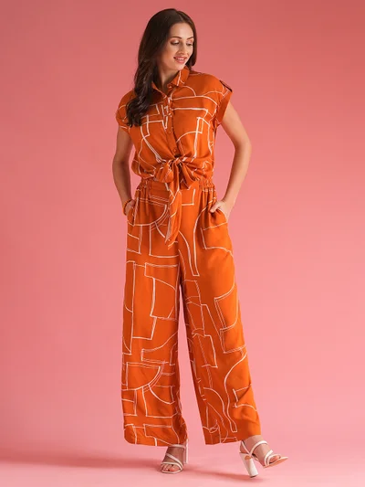 globus Women Shirt Collar Extended Sleeves Abstract Print Cut Out Detail Waist Tie-Up Jumpsuit