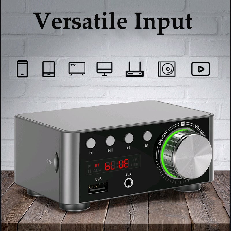 مضخم رقمي HIFI BT5.0 صغير مكبر صوت استيريو مقاومة صوتية 100 واط قناة مزدوقة مستقبل صوتي استيريو مع مدخلات USB و AUX لمنصة العرض المنزلية ومدเล่น بطاقة USB TF — لون فضي - Image 4