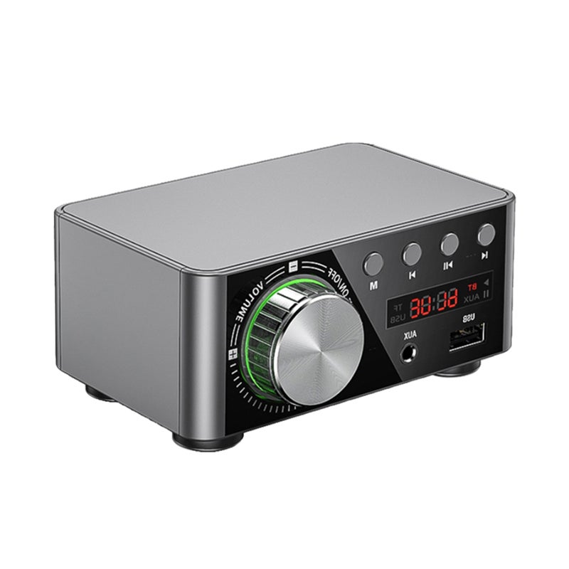 مضخم رقمي HIFI BT5.0 صغير مكبر صوت استيريو مقاومة صوتية 100 واط قناة مزدوقة مستقبل صوتي استيريو مع مدخلات USB و AUX لمنصة العرض المنزلية ومدเล่น بطاقة USB TF — لون فضي - Image 1