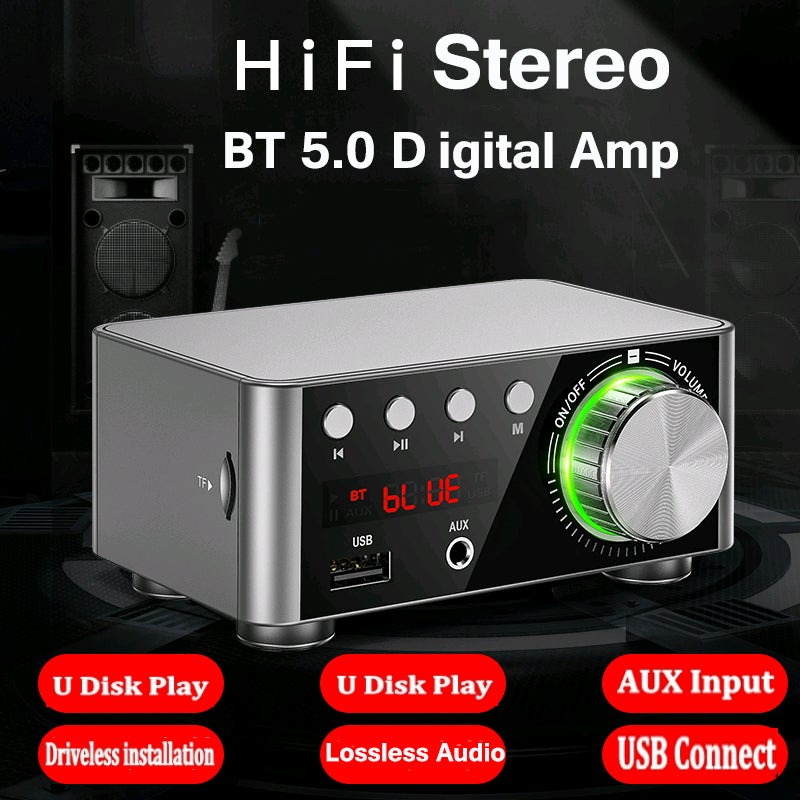 مضخم رقمي HIFI BT5.0 صغير مكبر صوت استيريو مقاومة صوتية 100 واط قناة مزدوقة مستقبل صوتي استيريو مع مدخلات USB و AUX لمنصة العرض المنزلية ومدเล่น بطاقة USB TF — لون فضي - Image 5