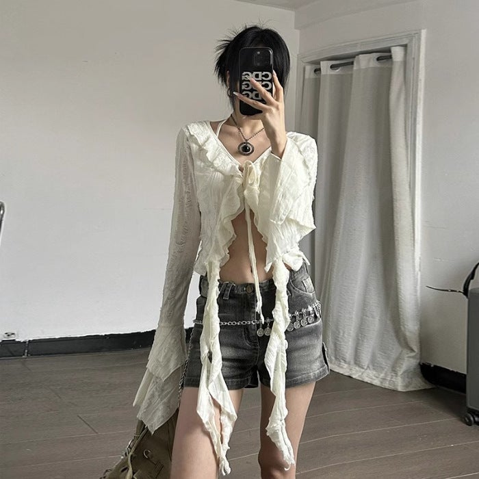 High Sexy Summer French Style Short Hot Girls Chic Sunscreen Shirt Womens Top Unique Niche V-Neck Design White