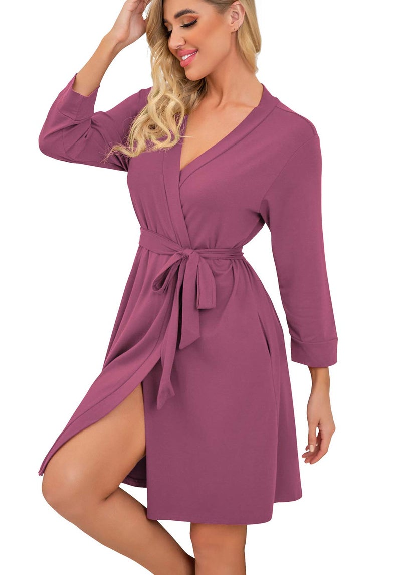 PrinStory PrinStory Women Kimono Robes Short Lightweight Robe Soft Knit Sleepwear Casual Knit Bathrobe Ladies Loungewear Purple Red-Large  - Image 3