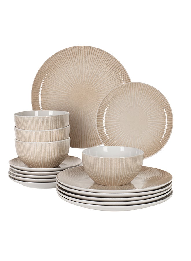 ايست من نون طقم عشاء من 18 قطعة بتصميم رايلاين المنقوش من البورسلين البيج - Image 1