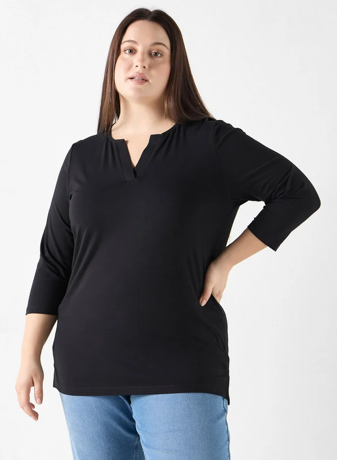 Ulla Popken Plus Size Ulla Popken V-neck 3/4 Sleeves T-shirt