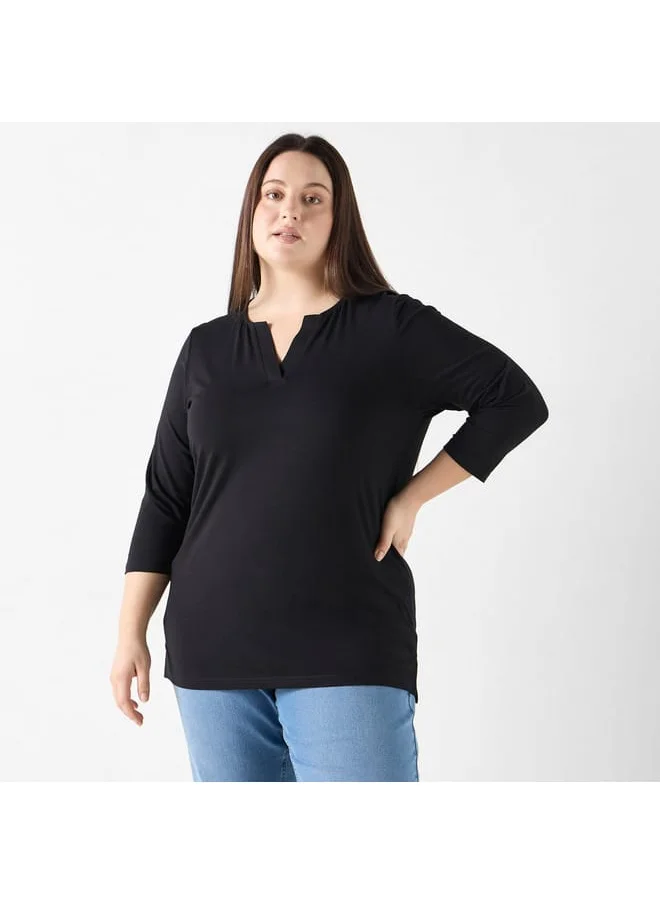 Ulla Popken Plus Size Ulla Popken Solid V-neck 3/4 Sleeves T-shirt