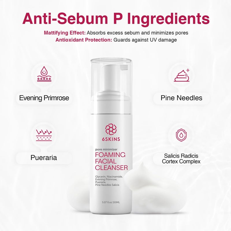 6SKINSÂ® Pore Minimizer Foaming Facial Cleanser â€“ Exfoliating Face Wash with Anti-Sebum P, Niacinamide & Evening Primrose | Gentle Hydrating Korean Face Wash for All Skin Types | 5.07 fl oz - Image 2