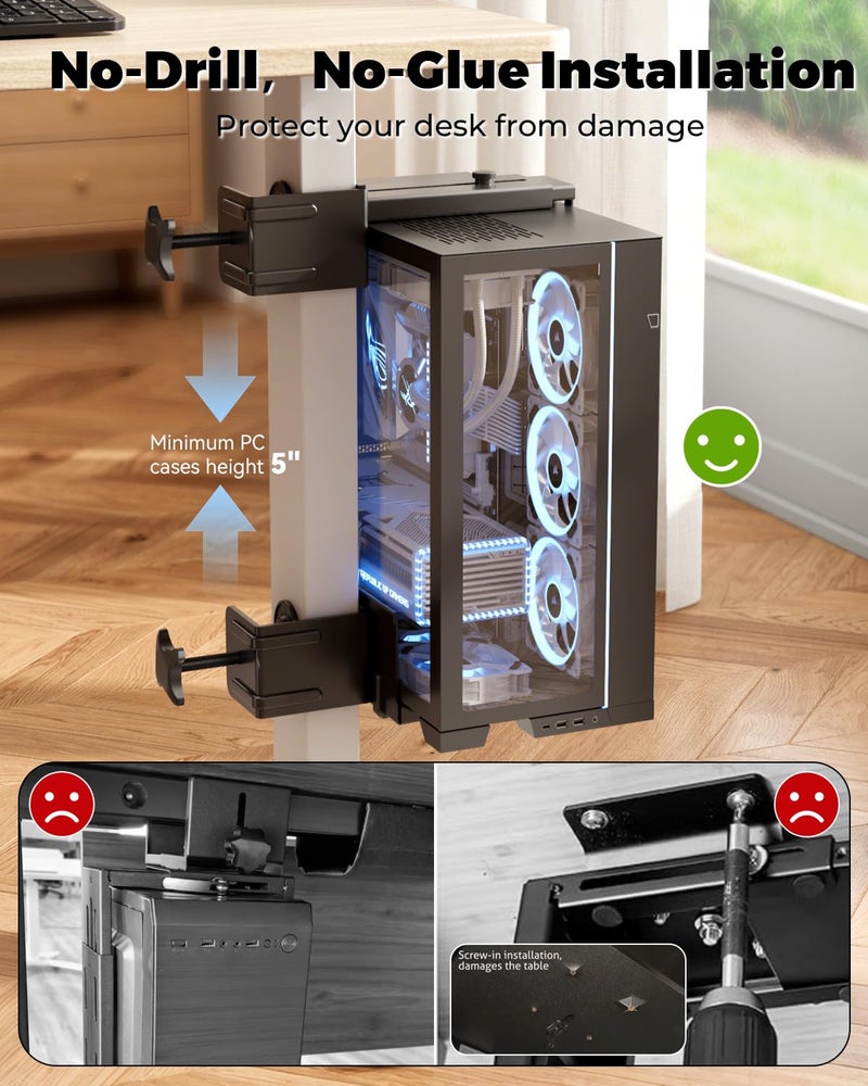 JOY worker Under Desk PC Mount for Standing Desk, Clamp-On Desk Leg Computer Mount, No Drilling, Adjustable Computer Case CPU Holder Holds Up to 44lbs, Black PC Tower Mount - Image 3