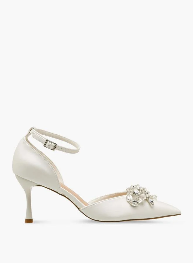 Flora Bella By Shoexpress CREAM Women Crystal Embellished Stiletto Heel Shoes for Women | Best Price UAE