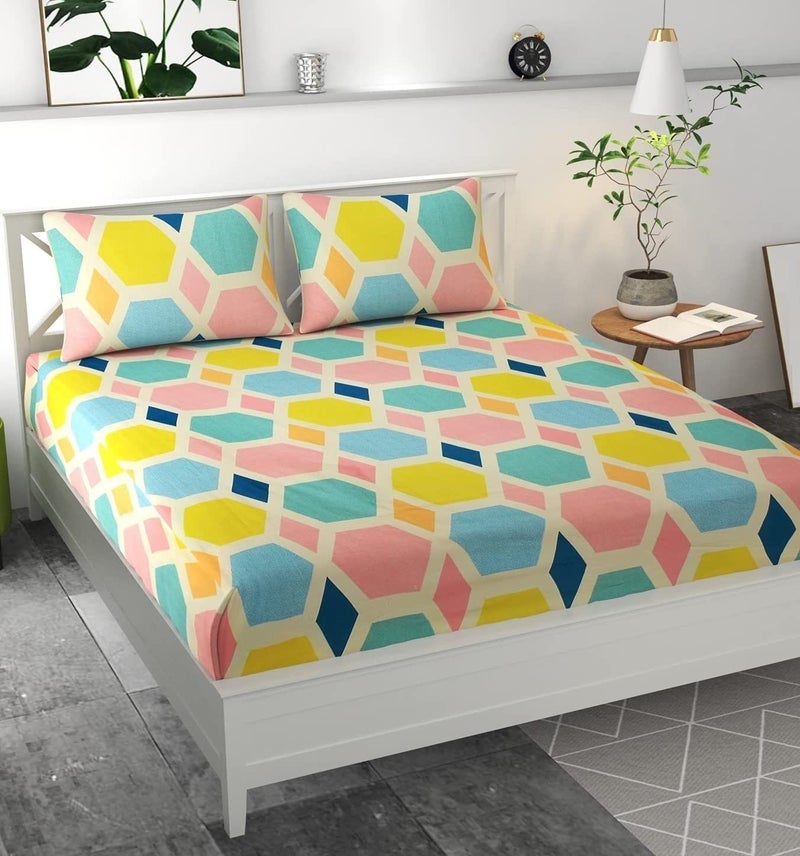 Magnetic Shadow King Size Bed Cover Elastic Fitted Bedsheet with 2 Pillow Covers (240 X 260 cms, Checkered Blue) (Light Blue Triangles) - Image 1