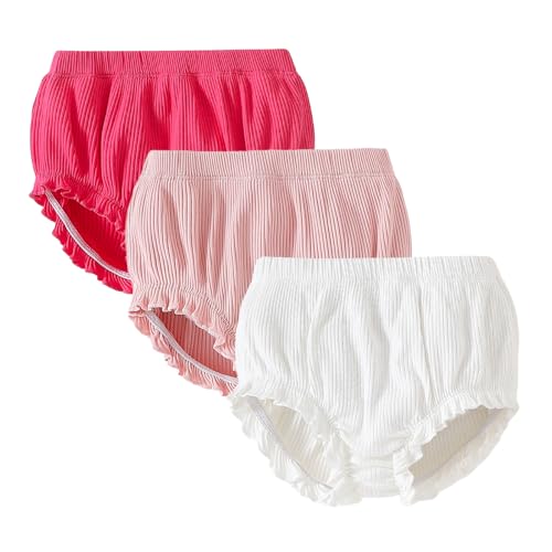 SOBOWO 3-Pack Bloomers for Baby Girls Diaper Covers Ribbed Ruffle Solid Triangle Baby Girl Shorts Summer Toddler Underwear(Rose/Pink/White, 12-18 Months) - Image 1