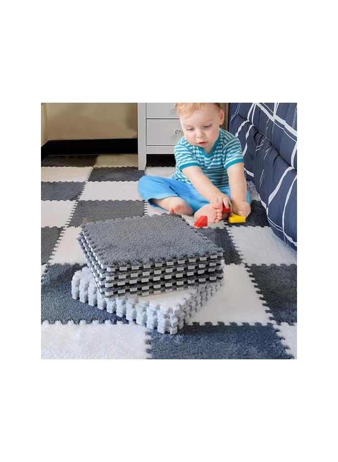 Green Tiger 20Pcs Plush Puzzle Foam Floor Mat 30 * 30 * 1Cm Soft And Fluffy Interlocking Carpet Tile Area Rugs With Exercise Gym Mats Climbing Carpet Mats Shaggy Area Rug For Room Floor(White & Gray) - Image 4