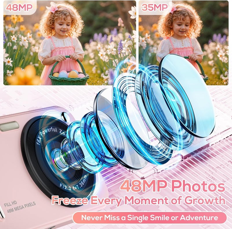 Digital Camera, 48MP FHD 1080P Point and Shoot Cameras for Photography and Video with 16X Zoom Anti Shake, Portable Compact Camera for Kids Teens Beginners, Pink - Image 1