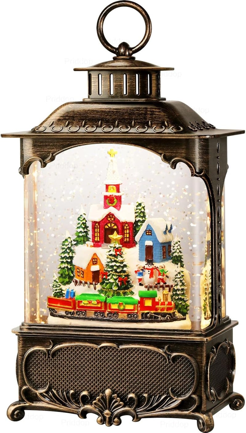Priddop Village Snow Globe Christmas Decorations Gifts Snowman Church Village Scene USB/Battery Timer Music Glitter Snowfall Lantern 10.2 inch - Image 1