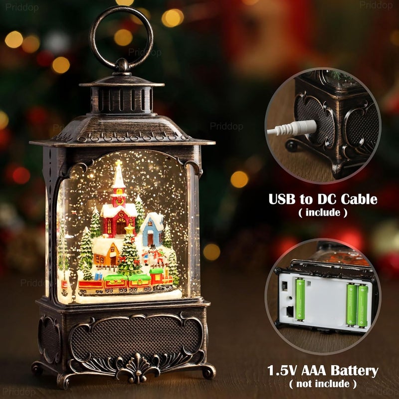 Priddop Village Snow Globe Christmas Decorations Gifts Snowman Church Village Scene USB/Battery Timer Music Glitter Snowfall Lantern 10.2 inch - Image 3