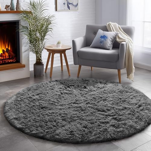 Amdrebio Grey Round Rugs 4Ft for Living Room Bedroom, Fluffy Fuzzy Shag Shaggy Circle Area Rug for Kids Room Home Office Decor Aesthetic, Furry Soft Plush Indoor Floor Gray Carpet for Baby Nursery Preppy Dorm - Image 4