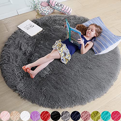 Amdrebio Grey Round Rugs 4Ft for Living Room Bedroom, Fluffy Fuzzy Shag Shaggy Circle Area Rug for Kids Room Home Office Decor Aesthetic, Furry Soft Plush Indoor Floor Gray Carpet for Baby Nursery Preppy Dorm - Image 1