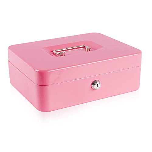 KYODOLED Large Metal Cash Box with Money Tray and Lock,Money Box with Cash Tray,Cash Drawer,9.84"x 7.87"x 3.54" Pink Large - Image 1