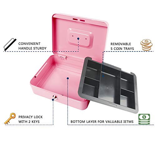 KYODOLED Large Metal Cash Box with Money Tray and Lock,Money Box with Cash Tray,Cash Drawer,9.84"x 7.87"x 3.54" Pink Large - Image 2