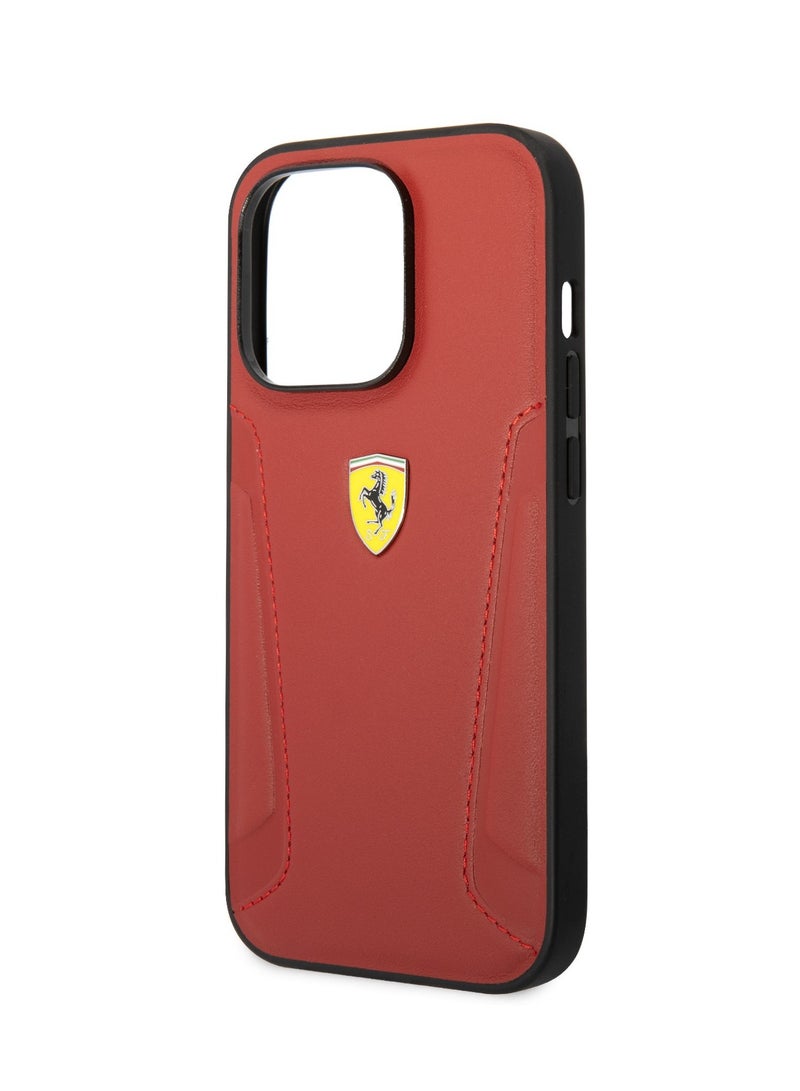 Ferrari iPhone 14 Pro Case Leather Back Cover with Hot Stamped Sides & Yellow Shield Logo - Red - Image 1